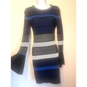 Alton Gray bodycon long sleeve striped mesh dress form-fitting bell sleeves SZ S
